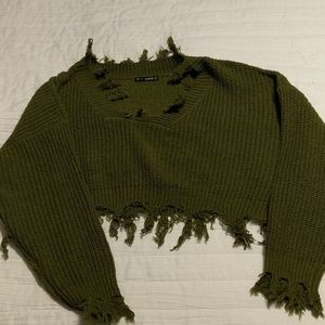Green, distressed crop top sweater